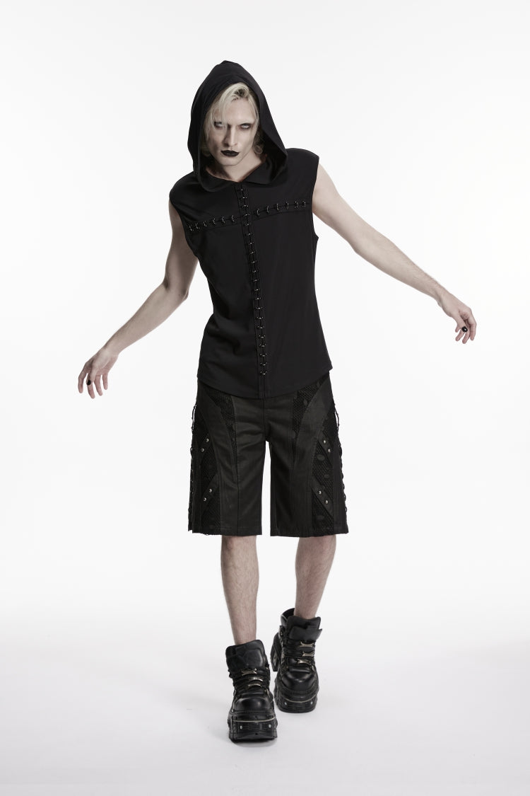 Black Lace-Up Studded Eyelet Men's Punk Cool Shorts - Black - 1