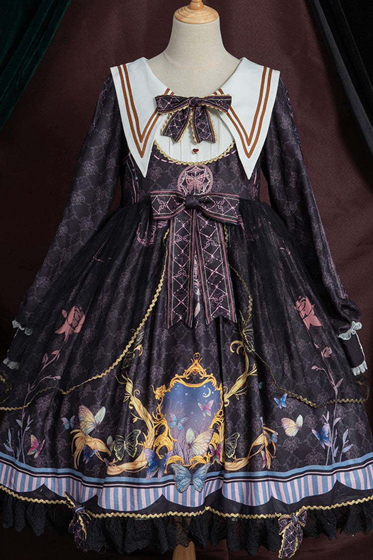 Black Navy Collar Long Sleeves Butterfly Print Ruffle Bowknot Gothic Elegant Princess Lolita Dress - Product - 7