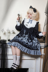 Black Bandage Bear Print Long Sleeves Ruffle Bowknot Lace Gothic Lolita Dress - Product - 4
