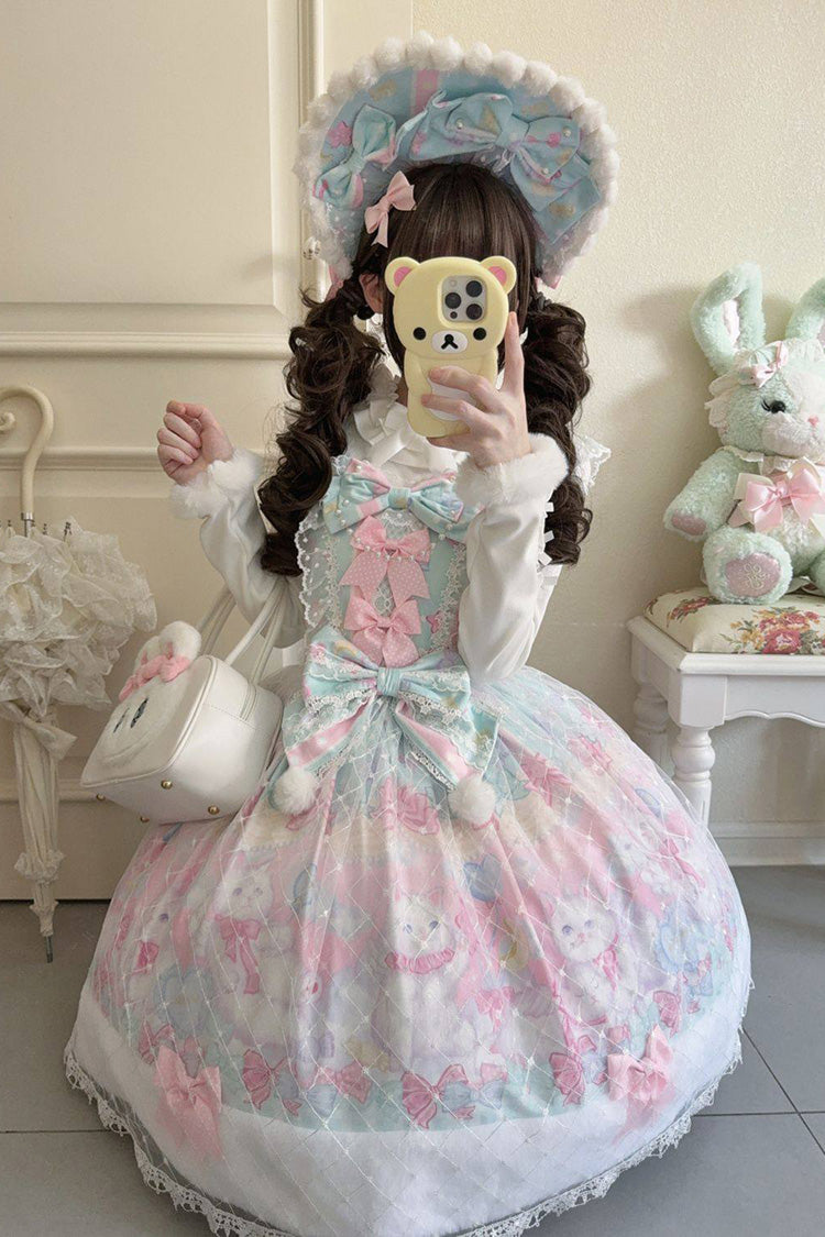 Green/Pink [Candy Mary Cat] Printed Ruffled Embroidered Bow Lace Sweet Lolita Jsk Dress - Product - 2