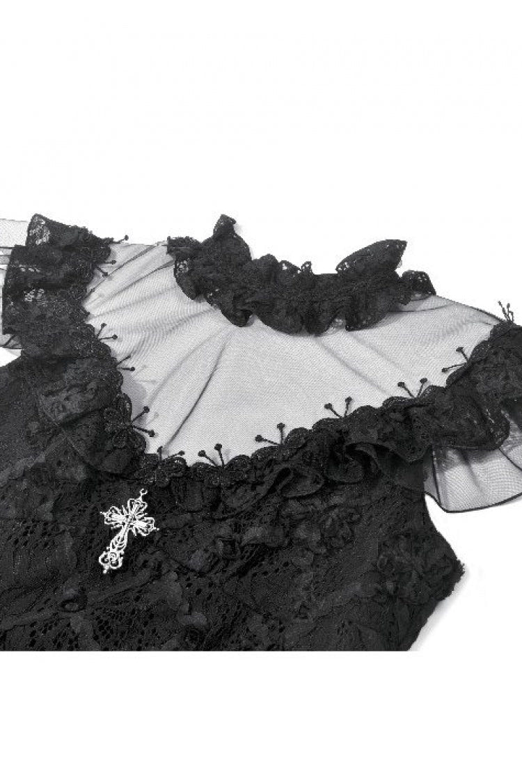 Black Ruffled Mock Neck Floral Cross Lace Splice Sheer Mesh Sleeveless Lace-Up Women's Gothic Dress - Product - 14