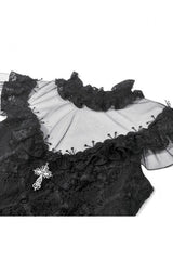 Black Ruffled Mock Neck Floral Cross Lace Splice Sheer Mesh Sleeveless Lace-Up Women's Gothic Dress - Product - 14