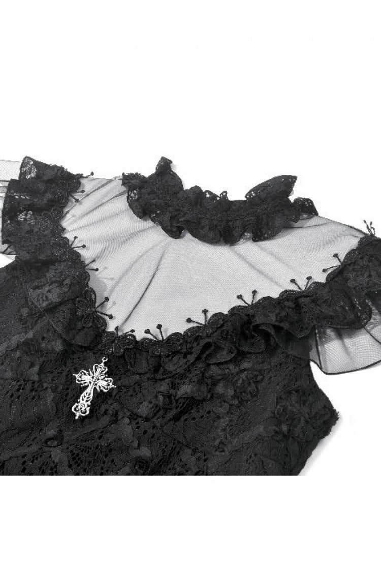 Black Ruffled Mock Neck Floral Cross Lace Splice Sheer Mesh Sleeveless Lace-Up Women's Gothic Dress - Product - 14