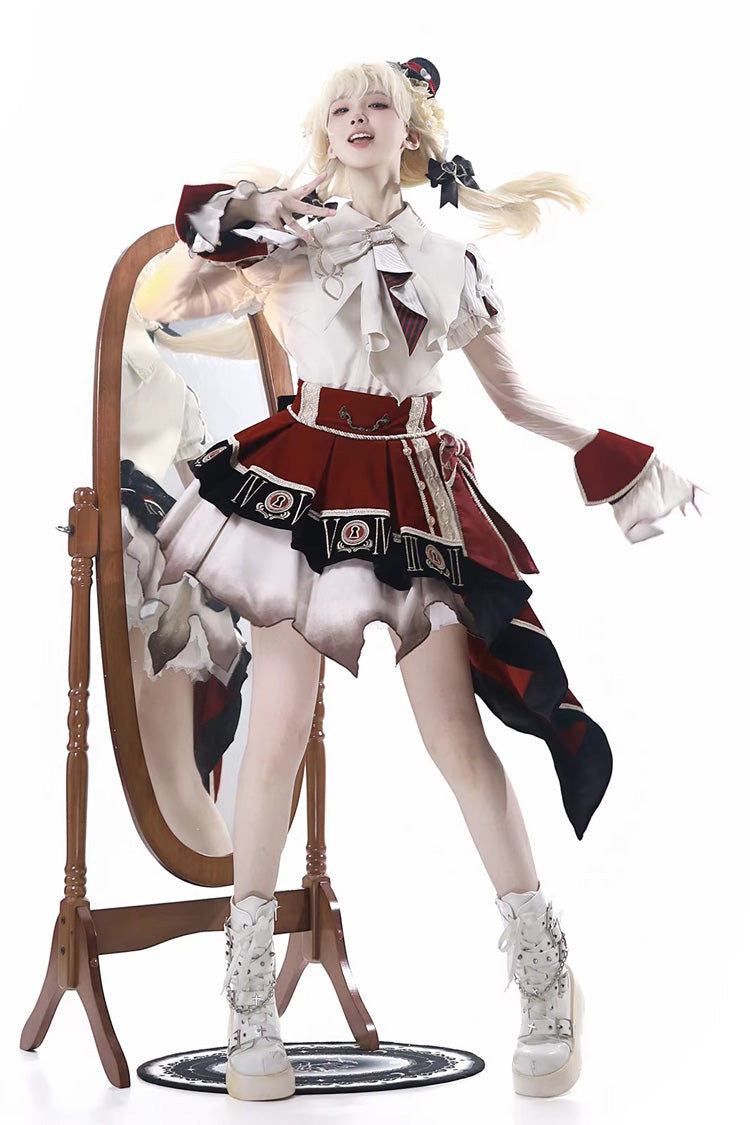 Red/White [Burning Finale] Lapel Collar Short Sleeves Ombre Embroidered Irregular Classic College Style Lolita Skirt Set - Product - 2
