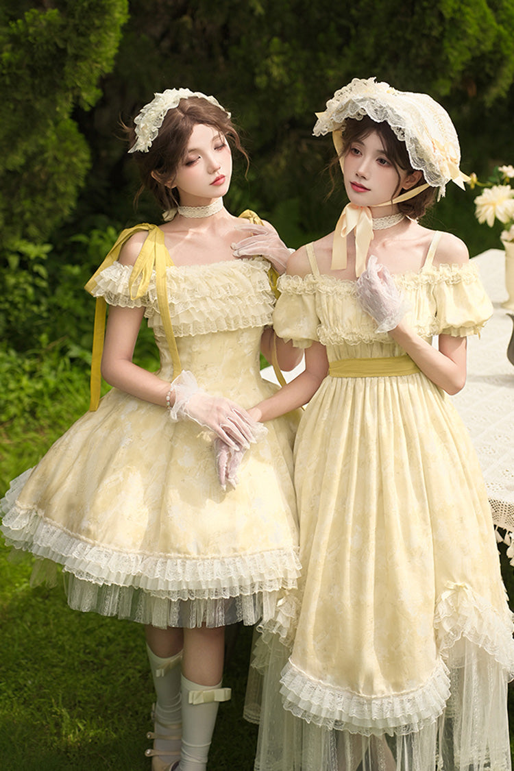 Yellow [Falling Flowers as a Message] Square Collar Flying Sleeves Print Ruffle Lace Sweet Elegant Lolita Short Dress - Product - 12