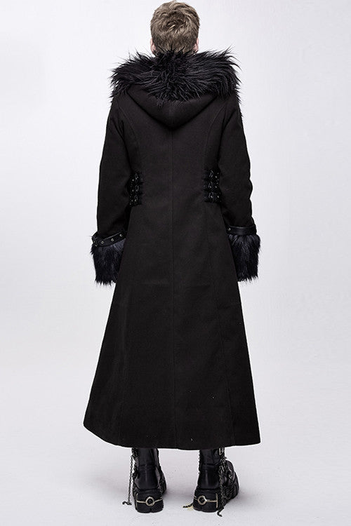 Black Double Sided Woollen Hooded Punk Mens Long Coat - Product - 3