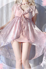 Sweet No Steel Support Lace Slim Lolita Two-piece Swimsuit 2 Colors - Pink - 1