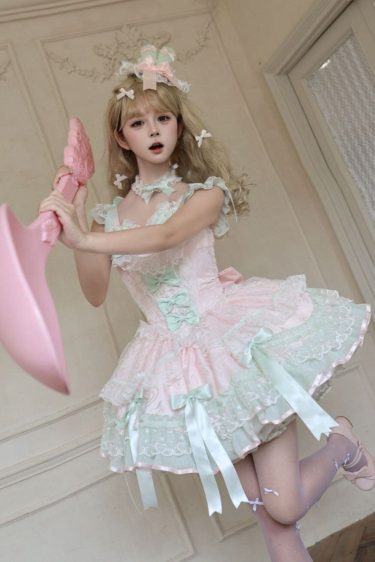 Pink [Candy Satin Ballet] Square Collar Sleeveless Multi-Layered Ruffled Bow Lace Pearl Detail Sweet Lolita Jsk Dress - Product - 5