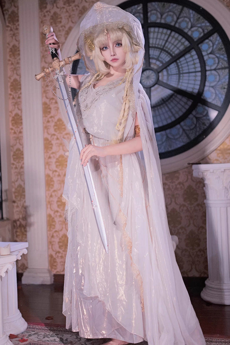 White [Angel of Judgment] Greek-Inspired V Collar Sleeveless Ruffled Embroidered Asymmetric Sweet Lolita Jsk Dress Set - White(Set) - 1