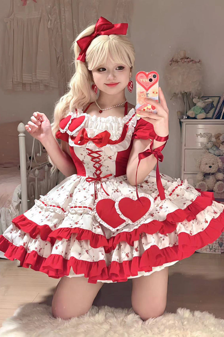 Red Double-Layered Floral Print Ruffle Bowknot Sweet Lolita Dress - Product - 4
