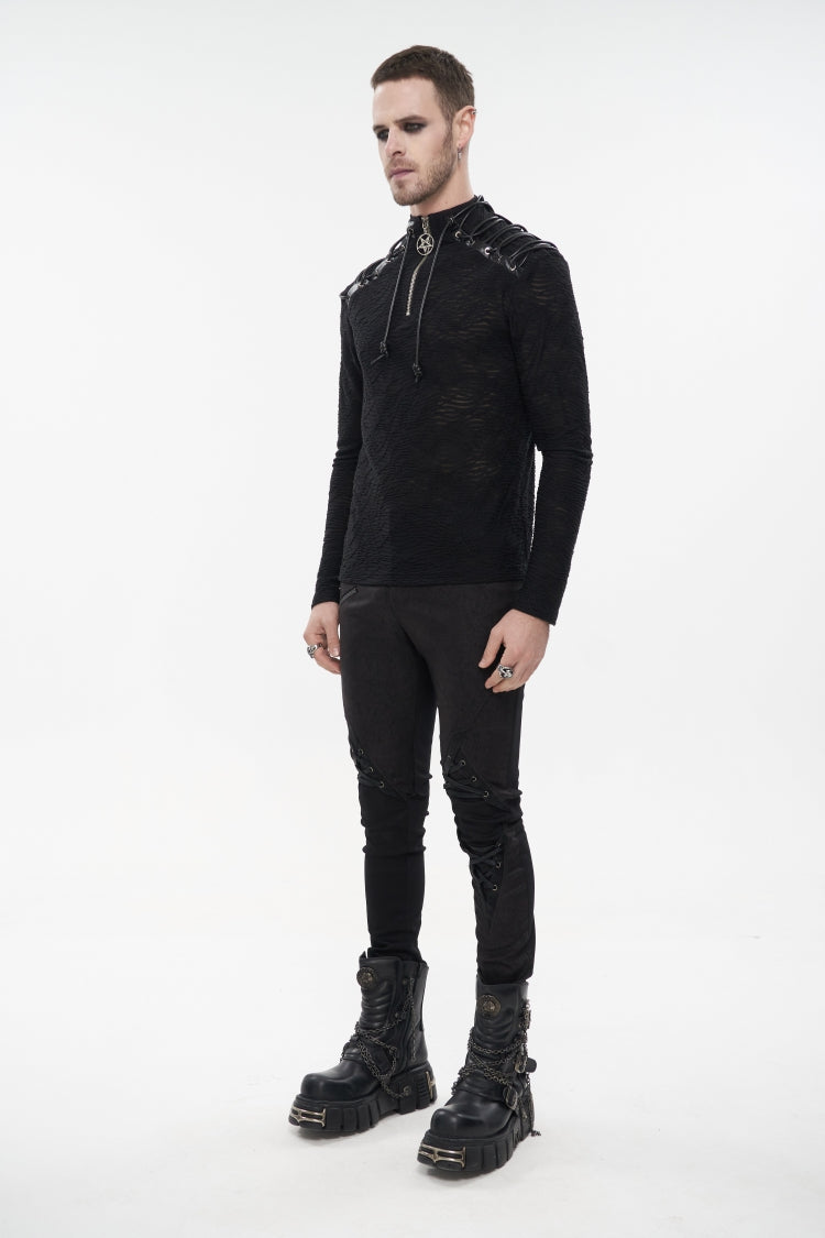 Black Punk High Collar Long Sleeve Stitched Metal Lace-Up Pentagram Hollow Texture Design Men's T-Shirt - Product - 4