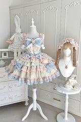 Blue/Pink/Ivory [Candied Pastry Crisp] Multi-Layered Ruffled Bow Sweet Lolita Jsk Dress - Product - 5