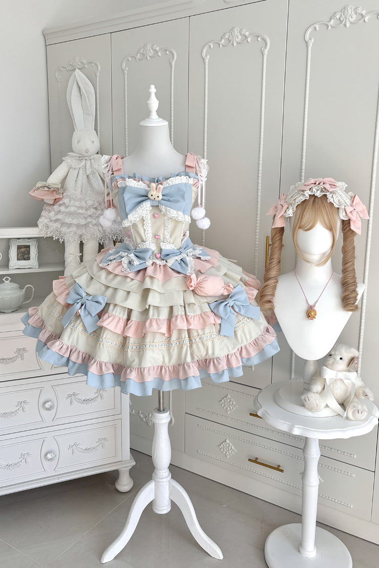 Blue/Pink/Ivory [Candied Pastry Crisp] Multi-Layered Ruffled Bow Sweet Lolita Jsk Dress - Product - 5