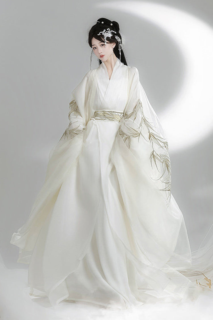 White [Bamboo Leaves] V Collar Trumpet Sleeves High Waisted Embroidered Women's Classic Hanfu Dress Set - White - 1