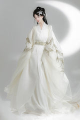 White [Bamboo Leaves] V Collar Trumpet Sleeves High Waisted Embroidered Women's Classic Hanfu Dress Set - White - 1