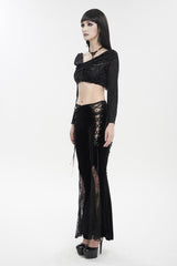 Black Velvet-Paneled Mesh Side-Adjustable Asymmetrical Women's Gothic Leggings - Product - 7