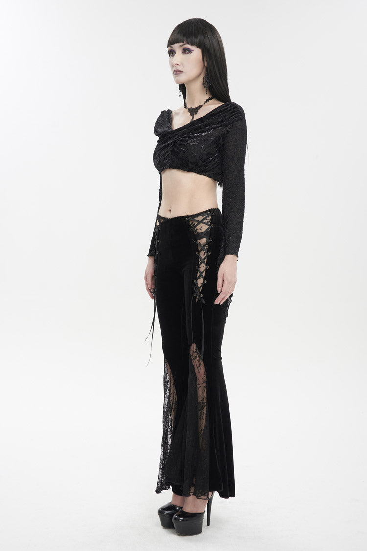 Black Velvet-Paneled Mesh Side-Adjustable Asymmetrical Women's Gothic Leggings - Product - 7