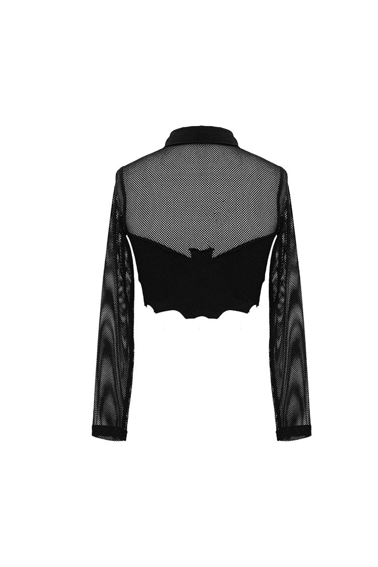 Black Bat Collar Splice Mesh Long Sleeve Chest Hasp Short Women's Punk T-Shirt - Product - 8