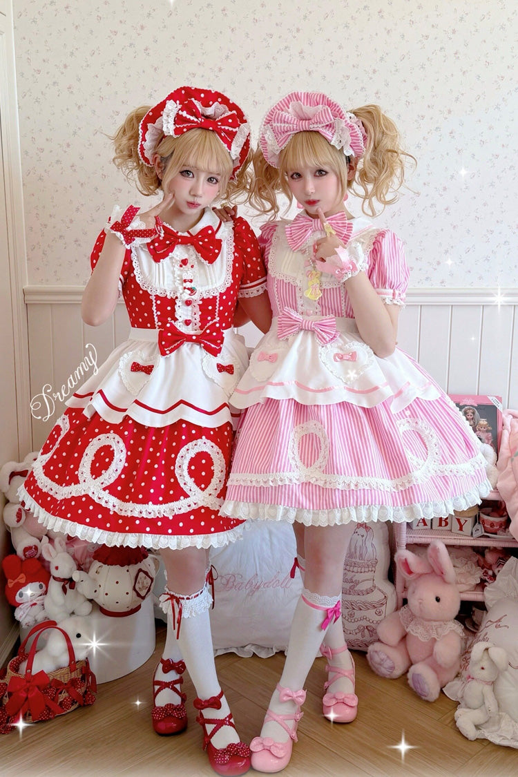 [A Day as a Candy Shop Owner] Peter Pan Collar Short Sleeves Printed Bow Sweet Lolita Dress 3 Colors (Red, Blue, Pink) - Product - 3