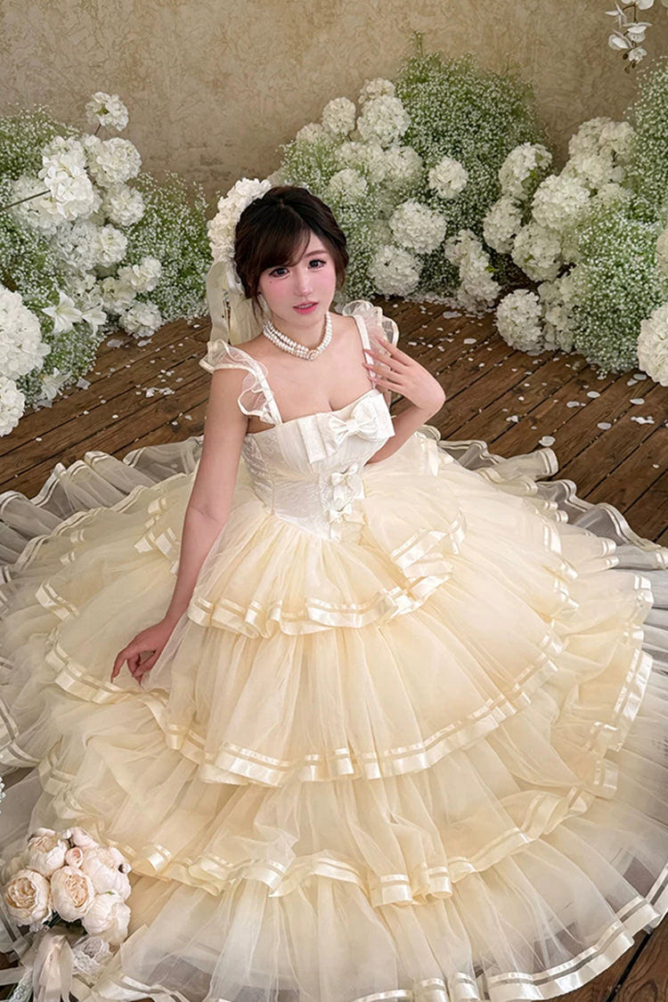 Apricot [Sweet Organza Satin] Sleeveless Multi-Layered Ruffled Hanayome Bow Lace Sweet Elegant Princess Lolita Jsk Dress - Product - 9