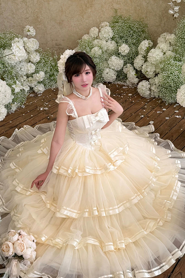 Apricot [Sweet Organza Satin] Sleeveless Multi-Layered Ruffled Hanayome Bow Lace Sweet Elegant Princess Lolita Jsk Dress - Product - 9