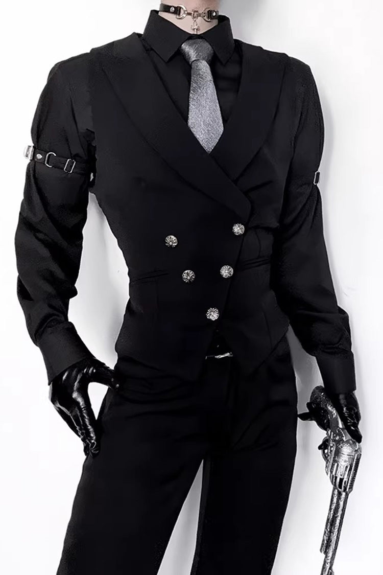 Black Sleeveless Ouji Gothic Lolita Waist-Cinching Vest with Silver Buttons - Product - 3
