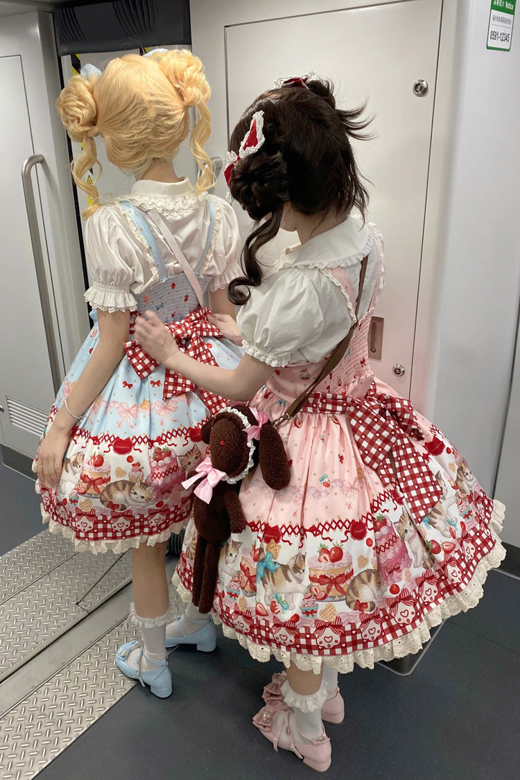 [Strawberry Cake Kitty] Sleeveless Printed Bow Lace Sweet Lolita Strap Dress 3 Colors - Product - 6
