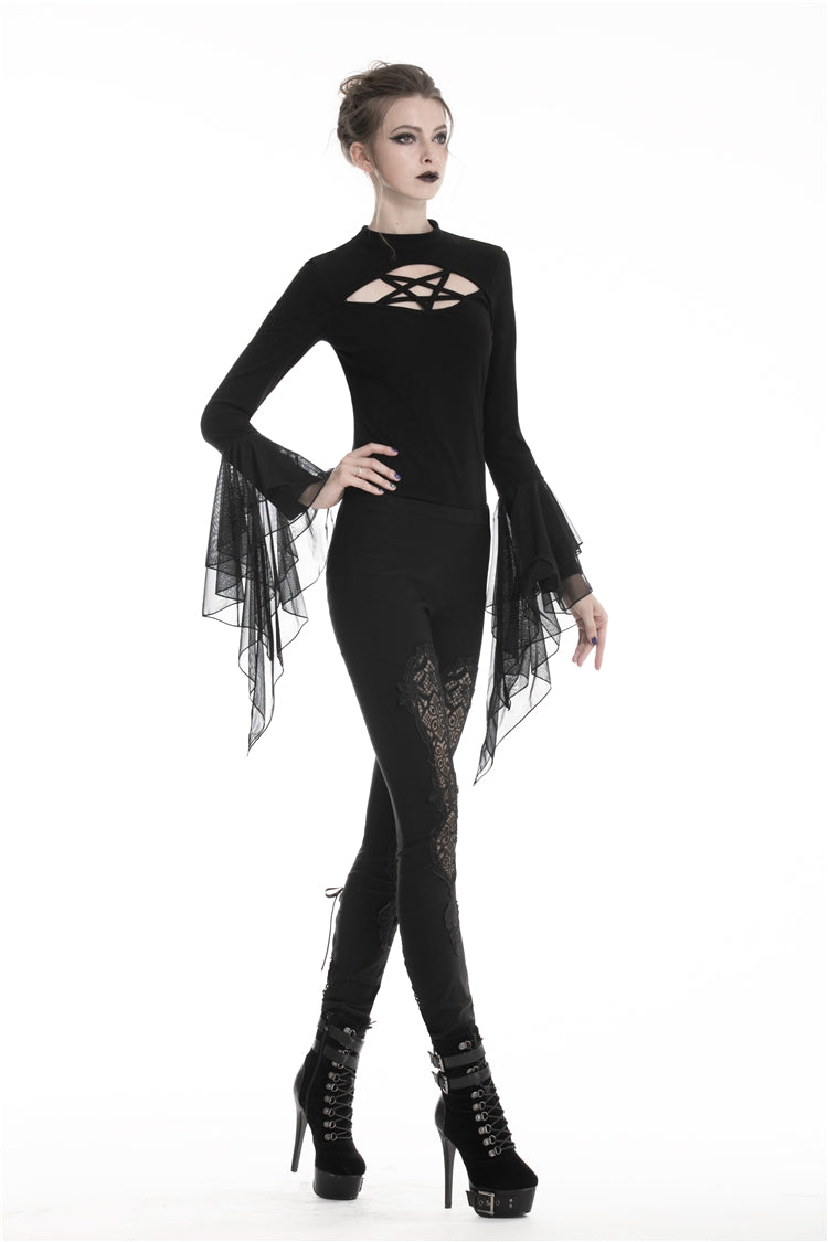 Black Floral Cut-Out Lace-Up Women's Gothic Leggings - Product - 8