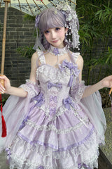 Purple [Prelude of Spring Cherry] Square Collar Sleeveless Multi-Layered Jacquard Ruffled Bow Lace Pearl-Decorated Sweet Lolita Jsk Dress - Product - 11