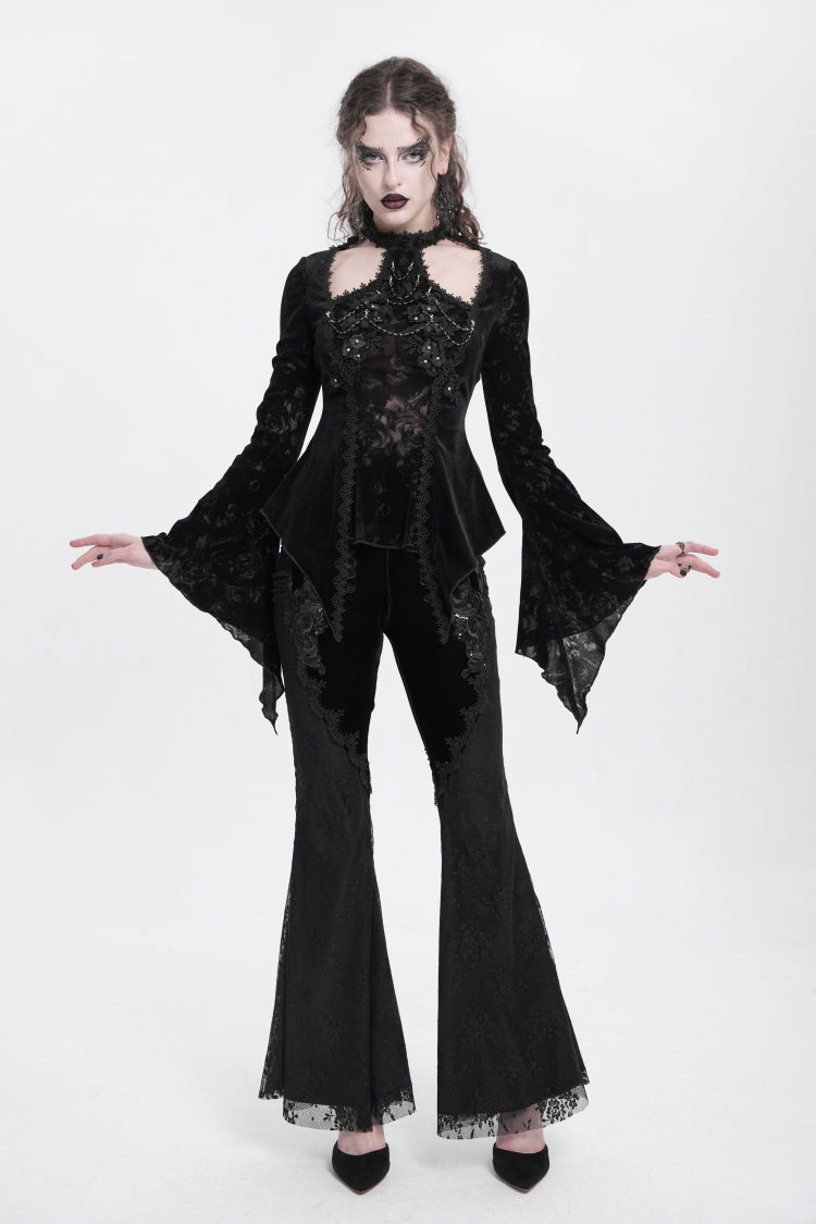 Black Halterneck Long Trumpet Sleeves Jacquard Embroidery Women's Gothic Blouse - Product - 10