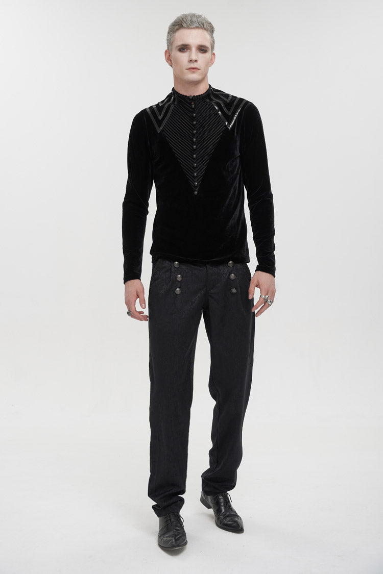 Black Round Collar Long Sleeves Stripes Splice Velvet Men's Gothic Shirt - Product - 4