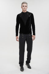 Black Round Collar Long Sleeves Stripes Splice Velvet Men's Gothic Shirt - Product - 4