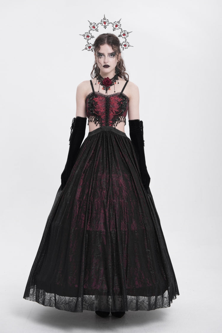 Red Jacquard Floral Embroidery Lace Ripped Women's Gothic Party Slip Dress - Red - 1