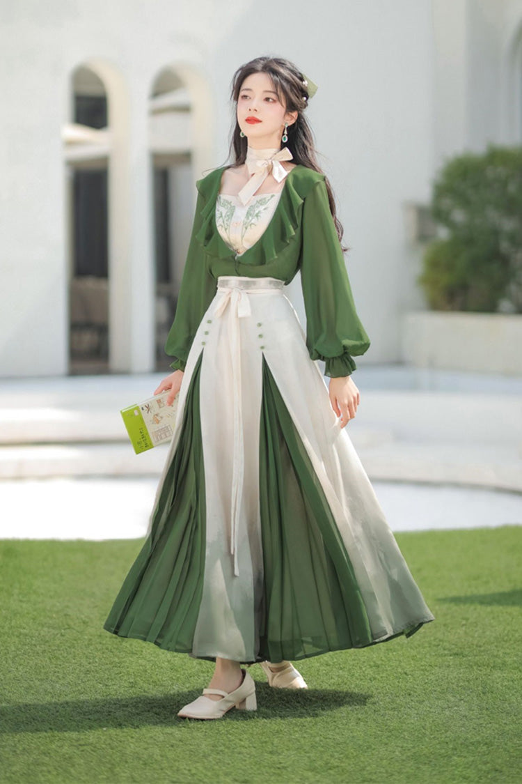 Green/White Dance igh Waisted Chinese Style Hanfu Dress Set - Product - 2
