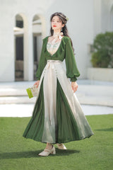 Green/White Dance igh Waisted Chinese Style Hanfu Dress Set - Product - 2