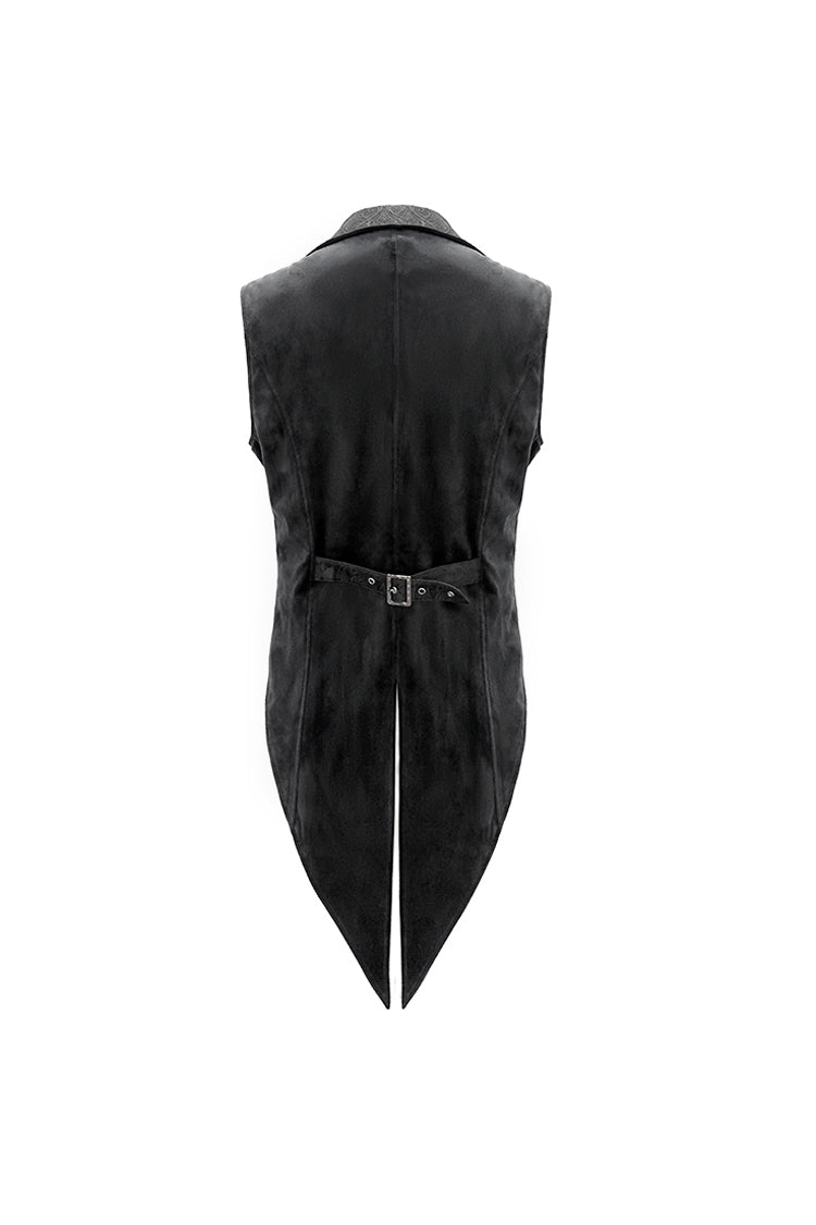 Black Fake Two Piece Leather Embroidered Swallow Tail Hem Men's Gothic Waistcoat - Product - 9