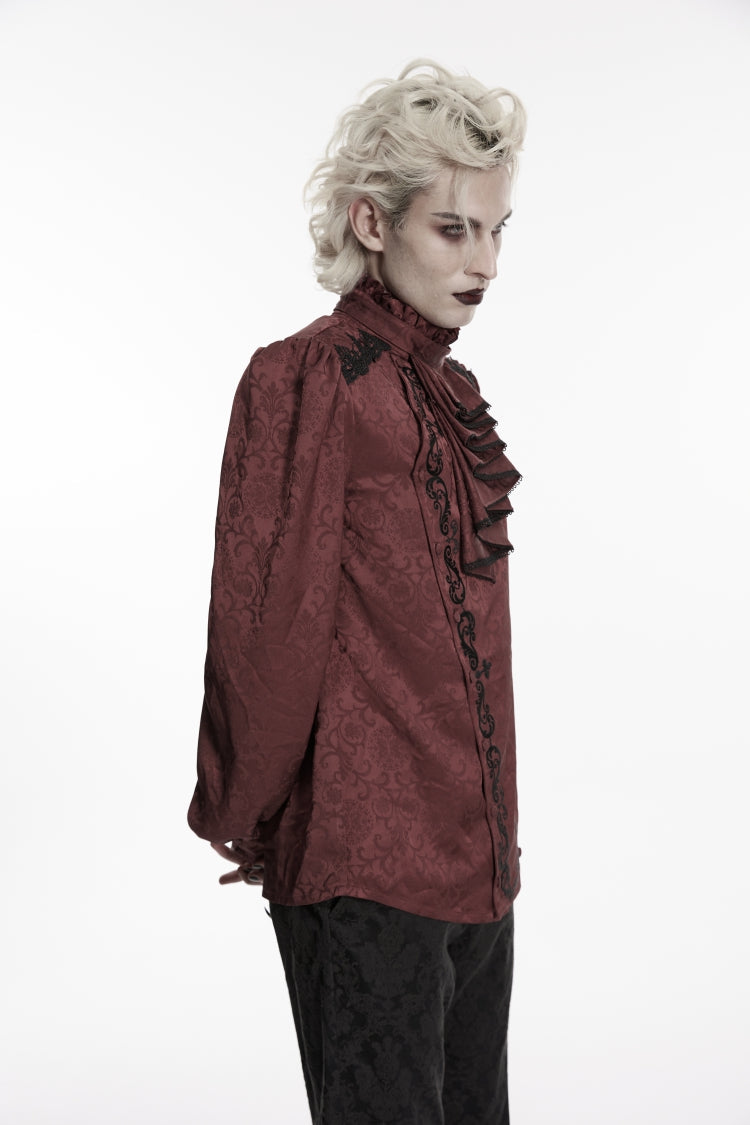 Red Stand Collar Long Lantern Sleeves Jacquard Embroidered  Men's Gothic Palace Shirt with Detachable Tie - Product - 8