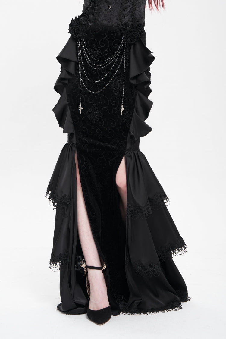 Black Floral Print Lace-Up Rose Chain Women's Gothic Fishtail Skirt - Product - 5