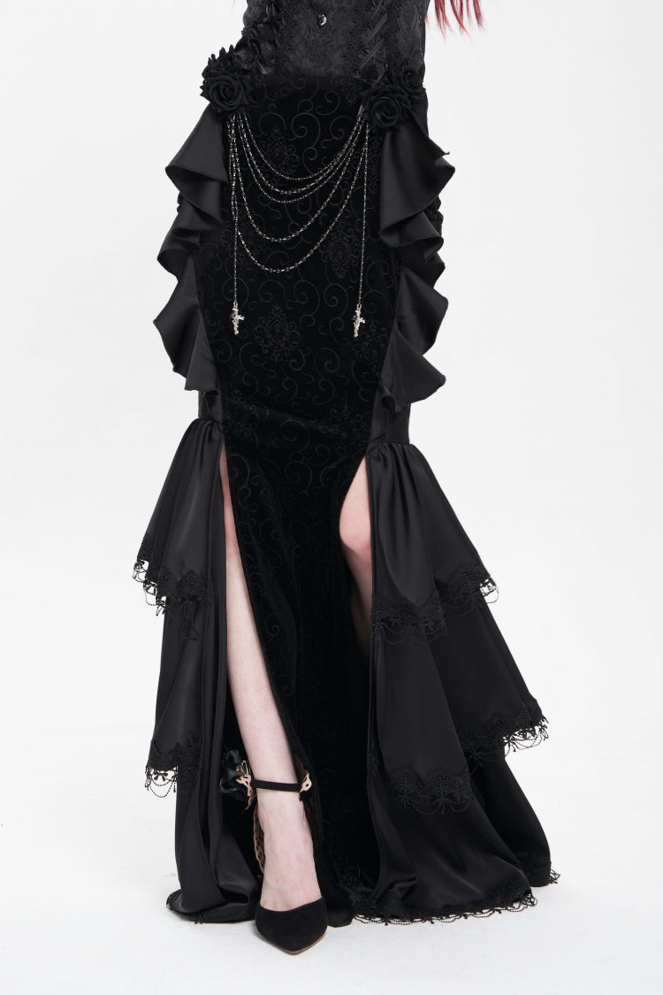 Black Floral Print Lace-Up Rose Chain Women's Gothic Fishtail Skirt - Product - 5