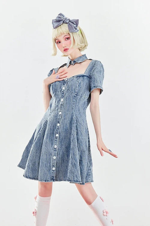 Blue Short Sleeves Single Breasted Ruffled Denim Sweet Lolita OP Dress - Product - 3