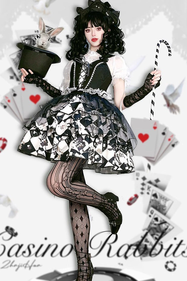 Black/White [Board Games] Triple-Layered Print Ruffle Vintage Lolita Skirt - Product - 8