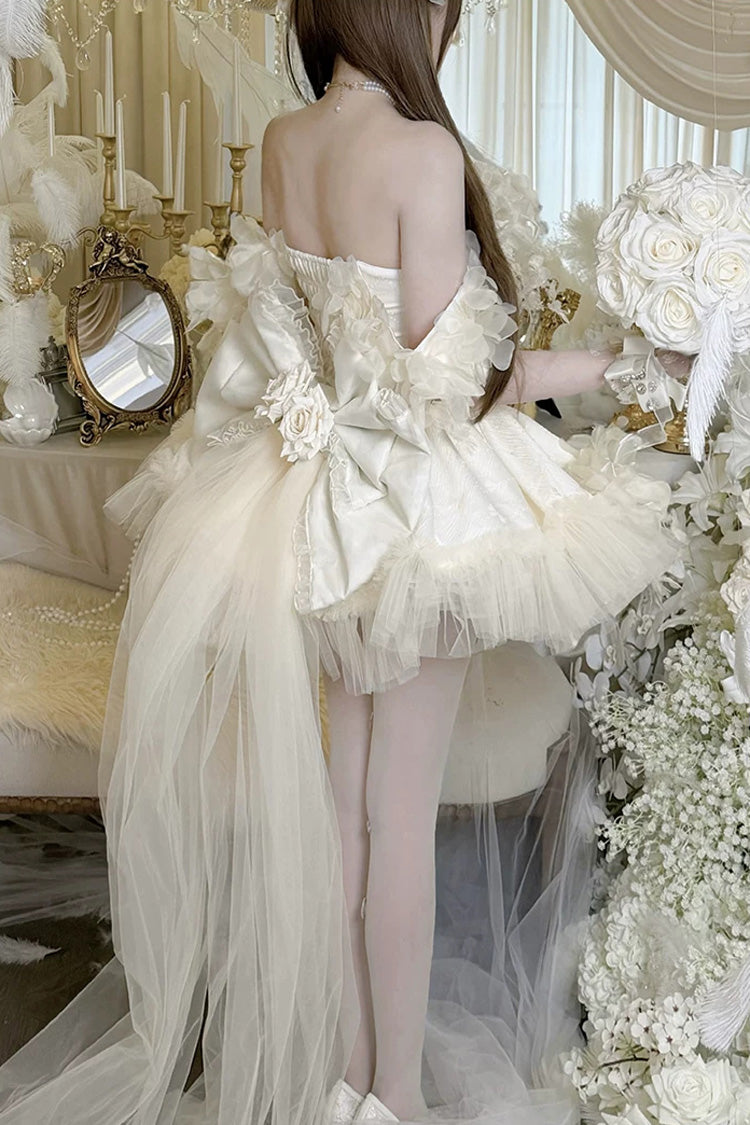 Apricot [Dream Confession] Sleeveless Multi-Layered Ruffled Hanayome Bow Lace Lace-Up Sweet Lolita Jsk Dress Short Version - Product - 6