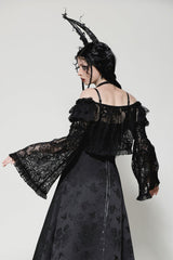 Black Ruffled Off Shoulder Long Bishop Sleeves Lace Women's Gothic Cape - Product - 4