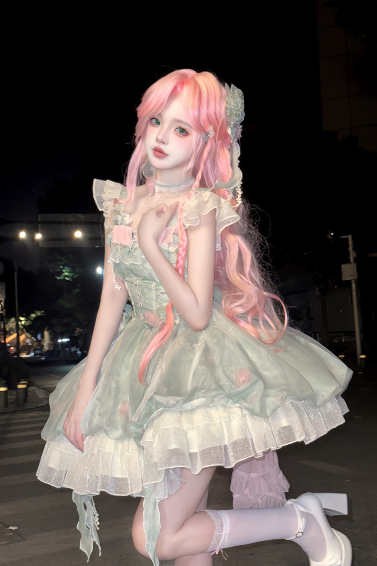 Green Flower Fairy Forest Garden Print Ruffle Bow Lace Sweet Lolita Dress detail view 9