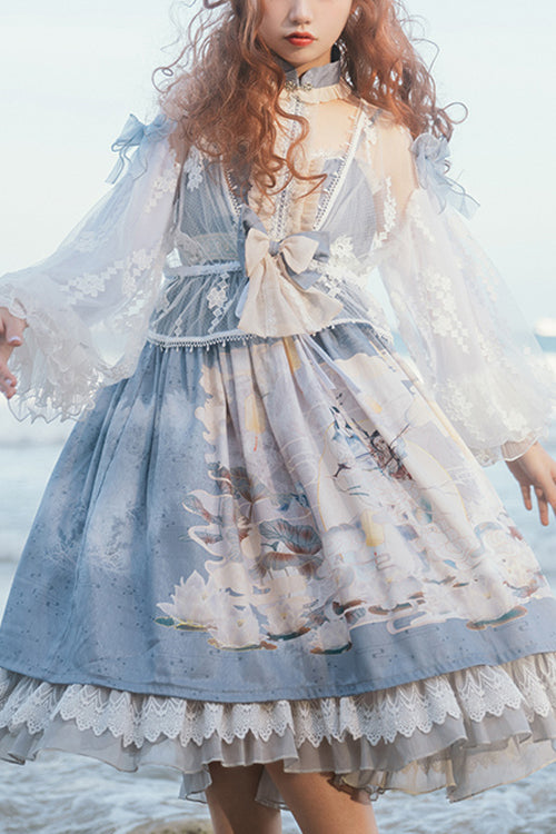 Blue Chinese Mythology Print High Waist Lace Trim Sweet Lolita JSK Dress - Blue - 1