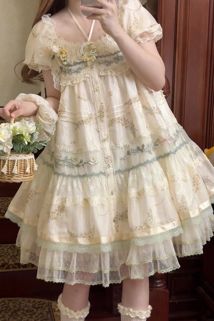 Multi-Color [Daisy Poetry] Print Ruffle Hollow Embroidery Lace Sweet Elegant Princess Lolita Dress - Product - 4