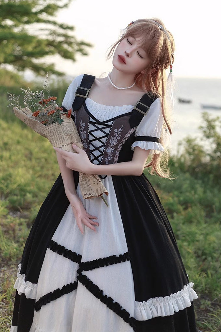 Black/White Bavarian Style Rose Embroidery Short Sleeves Sweet Lolita Dress - Product - 4