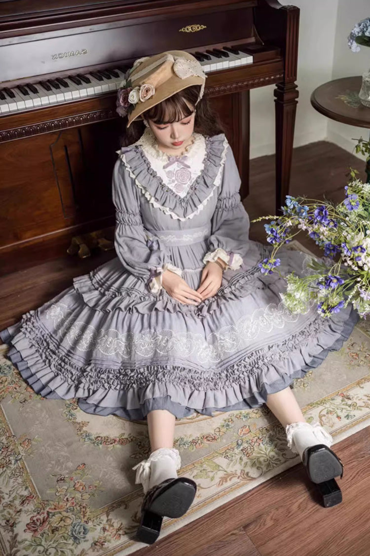 Purple Long Sleeves Ruffle Embroidery Bowknot Sweet Plus Size Elegant Lolita Dress - Product - 9