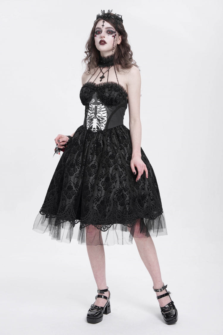 Black Halterneck Skeleton Print Embroidery Stitching Lace Women's Gothic Dress - Product - 9