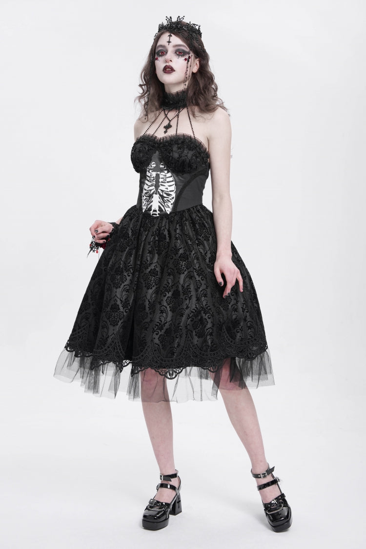 Black Halterneck Skeleton Print Embroidery Stitching Lace Women's Gothic Dress - Product - 9